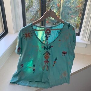 Johnny Was Aqua Embroidered Short Sleeve Top